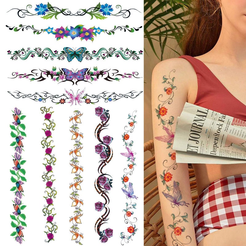 CARGEN Sexy Flower Temporary Tattoos - 10 Sheets Realistic Sexy Flowers Vine Butterfly Long Back Sleeves Tattoos for Women Girls Makeup Fake Tattoo Great for Waist Belly Back Spine Arm Leg Collarbone - Image 1